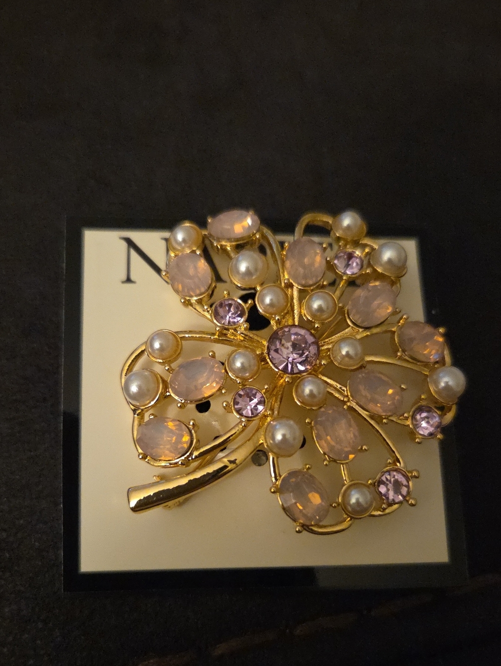 Napier NWT Gold-Tone Floral Brooch with Pink Stones and Faux Pearls